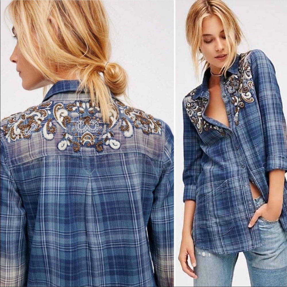 Free People Beaded Embellished Plaid Western Button Down